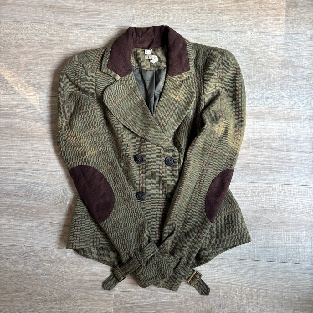 Willow & Clay Olive Plaid Double-Breasted Blazer with Brown Accents